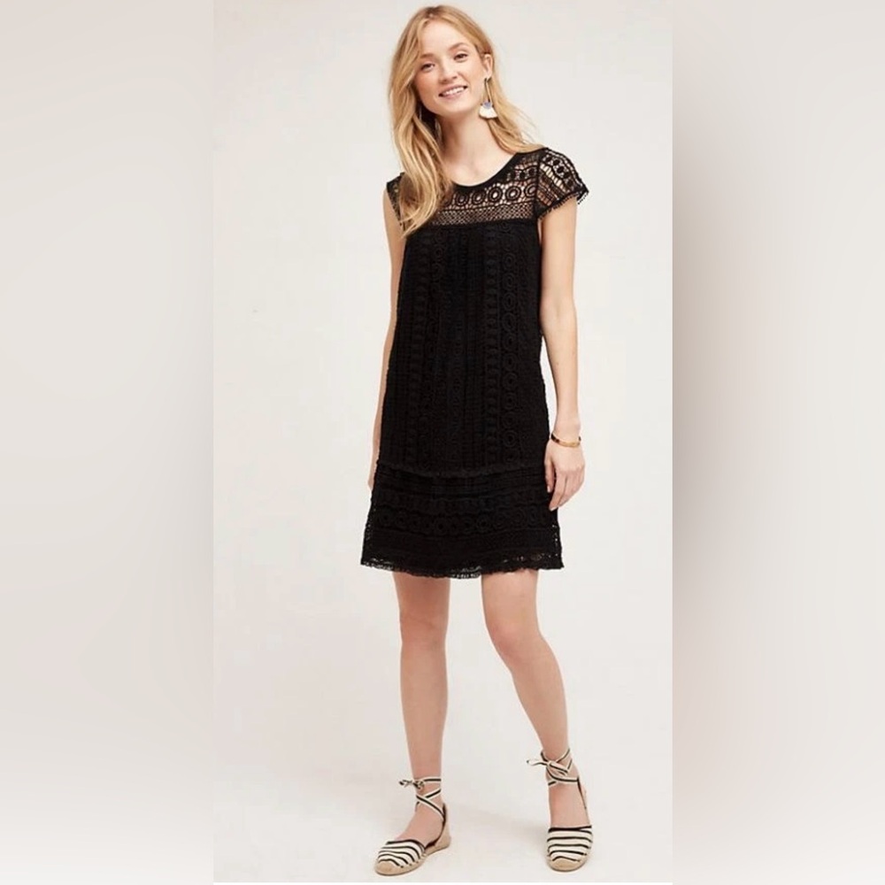 Anthropologie Maeve Cap Sleeve Crochet Tunic Dress in Black S Lined Sz Small